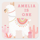 Leuke hele Llama Leuk Roze 1e Verjaardag Favor Vierkante Sticker (Voorkant)