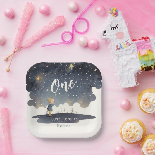 Leuke Hemelse Verjaardagssterren Waterverf Boy Papieren Bordje (Feest)