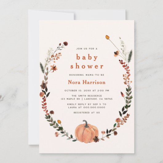 Leuke Herfst Bloemen Pompoen Krans Baby shower Kaart (Voorkant)