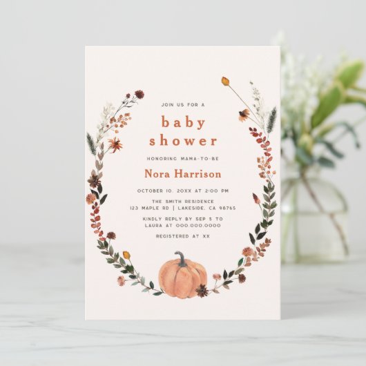 Leuke Herfst Bloemen Pompoen Krans Baby shower Kaart (Staand voorkant)