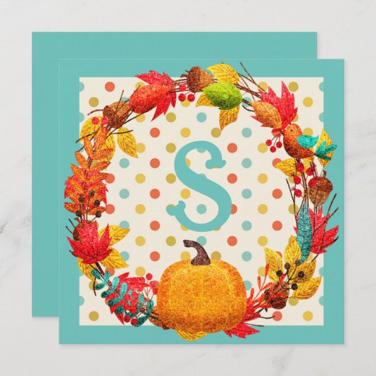 Leuke herfst pompoen krans polka dot blauwgroen si feestdagenkaart (Voorkant / Achterkant)