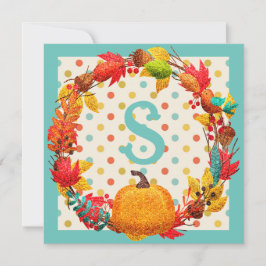 Leuke herfst pompoen krans polka dot blauwgroen si feestdagenkaart