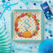 Leuke herfst pompoen krans polka dot blauwgroen si papieren bordje (Feest)