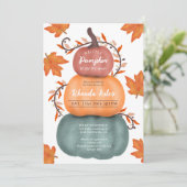 Leuke herfst sinaasappel blauw pompoenen baby show kaart (Staand voorkant)