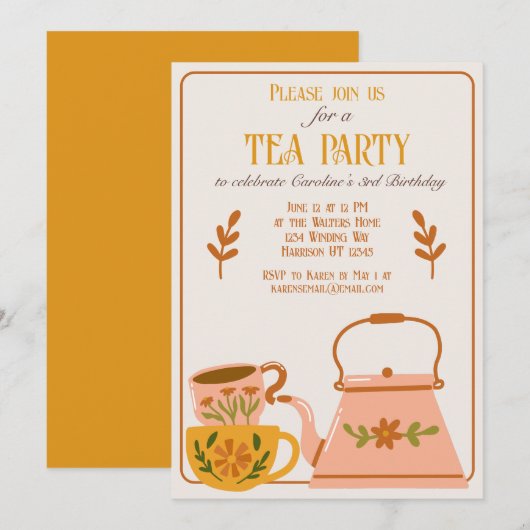 Leuke Herfst Tea Party Verjaardag Kaart (Voorkant / Achterkant)