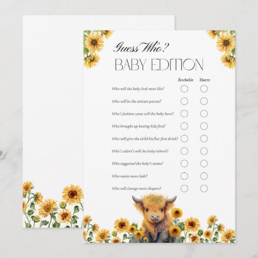 Leuke Highland Koe Baby shower Game Kaart (Voorkant / Achterkant)
