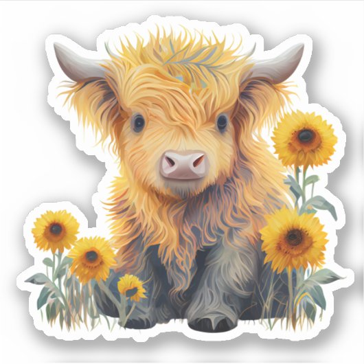 Leuke Highland Koe Geel Zonnebloem Custom Vinyl Sticker (Voorkant)