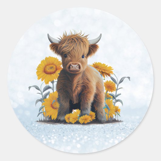 Leuke Highland Koe met Zonnebloemen Ronde Sticker (Voorkant)