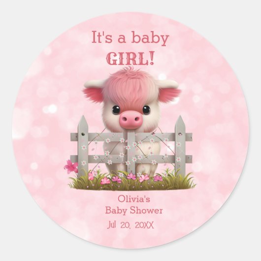 Leuke Highland Koe Roze Baby shower Gepersonalisee Ronde Sticker (Voorkant)
