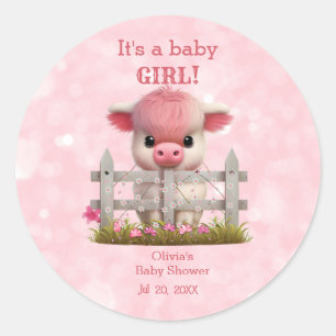 Leuke Highland Koe Roze Baby shower Gepersonalisee Ronde Sticker