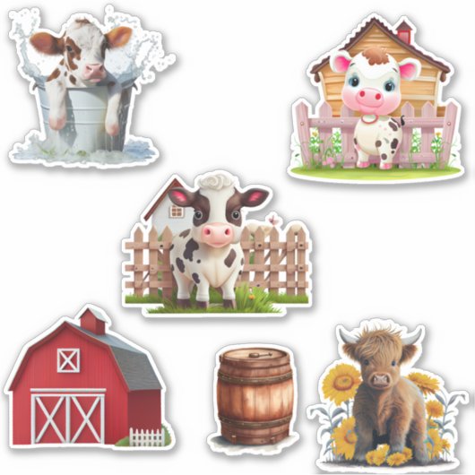 Leuke Highland Koe Set van 6 Barn Boerderij Custom Sticker (Voorkant)
