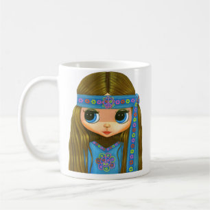 Leuke Hippie Chick in Blauw Grote Ogen Vredesbord Koffiemok