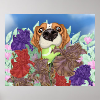 Leuke hond op een bloemenveld. poster