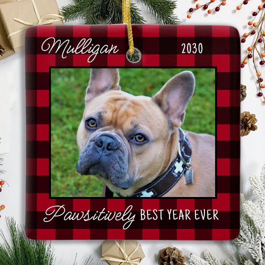 Leuke Hond Rood Plaid Kerstmis Custom Pet Foto Keramisch Ornament