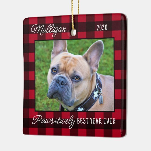 Leuke Hond Rood Plaid Kerstmis Custom Pet Foto Keramisch Ornament (Links)