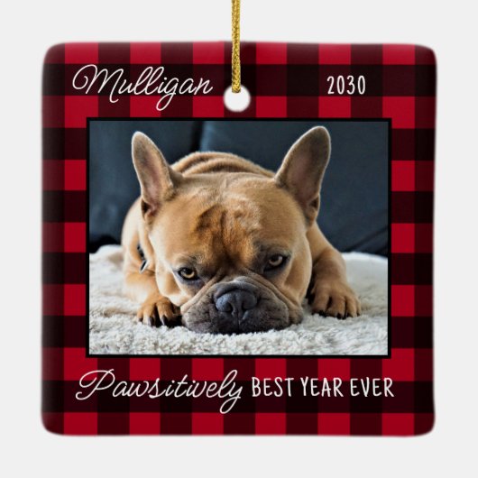 Leuke Hond Rood Plaid Kerstmis Custom Pet Foto Keramisch Ornament (Achterkant)