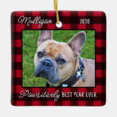 Leuke Hond Rood Plaid Kerstmis Custom Pet Foto Keramisch Ornament (Voorkant)