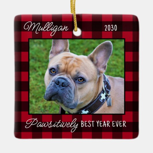 Leuke Hond Rood Plaid Kerstmis Custom Pet Foto Keramisch Ornament (Voorkant)