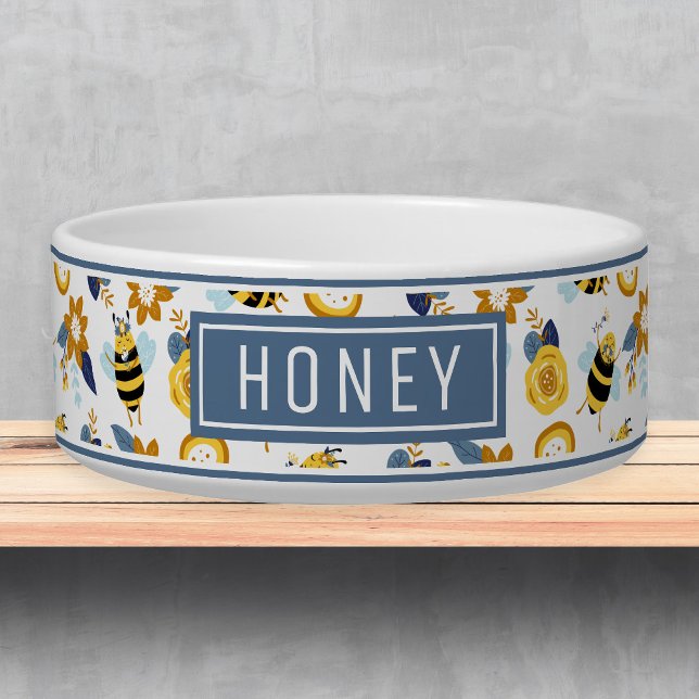 Leuke Honey Bee Pattern Naam Sjabloon Pet Bowl Voerbakje (Creator heeft geüpload)