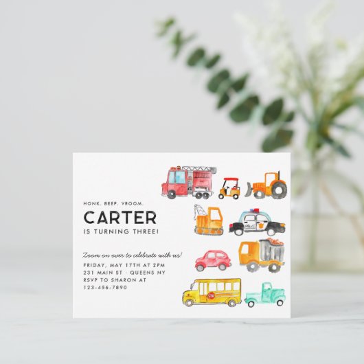 Leuke Honk Piep Vroom Vervoer Kinderen Verjaardag Briefkaart (Staand voorkant)