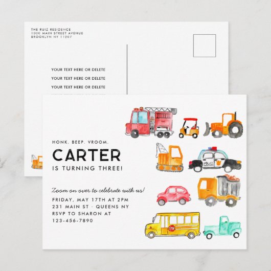 Leuke Honk Piep Vroom Vervoer Kinderen Verjaardag Briefkaart (Voorkant / Achterkant)