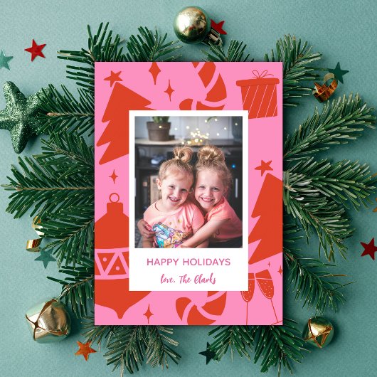 Leuke Hot Pink Kerstvakantie Fotokaart Feestdagenkaart