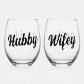 Leuke Hubby + Wifey Script Bruiloft Passen getrouw Wijnglas Zonder Voet (Achterkant)