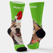 Leuke huisdier foto Santa hoed Helder Groen Kerstm Sokken (Gebogen)