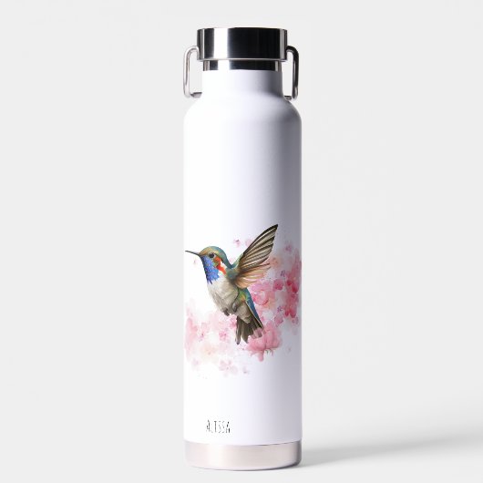 Leuke Hummingbird Floral Waterverf gepersonaliseer Waterfles (Voorkant)