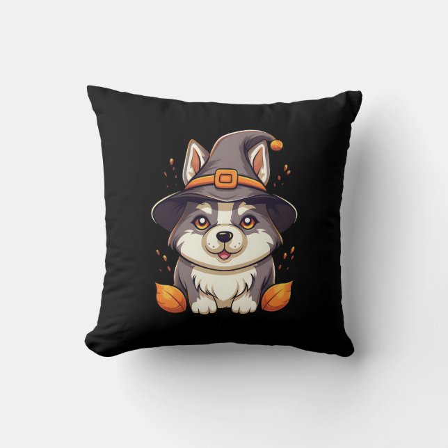 Leuke Husky Dog In Een Heks Pet Halloween Kussen (Voorkant)