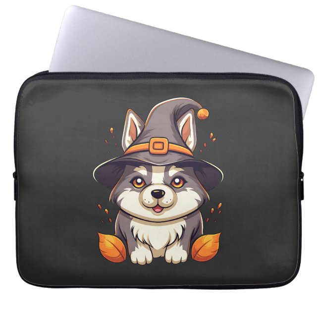 Leuke Husky Dog In Een Heks Pet Halloween Laptop Sleeve (Voorkant)