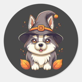 Leuke Husky Dog In Een Heks Pet Halloween Ronde Sticker