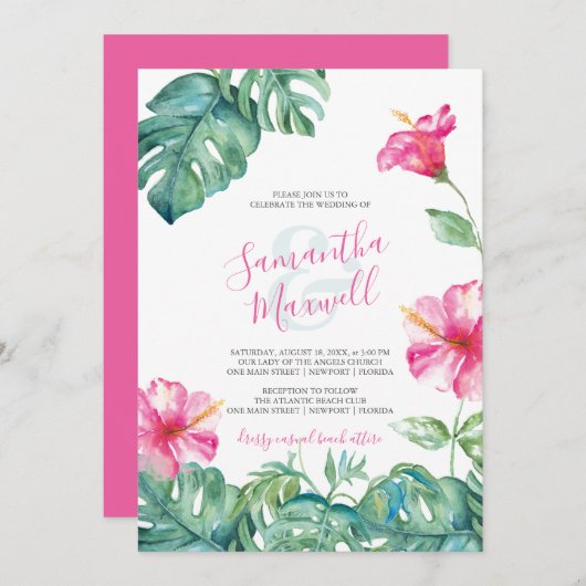 Leuke huwelijksuitnodiging Tropische Waterverf Blo (Voorkant / Achterkant)
