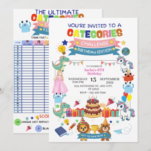 Leuke interactieve "Categorieën Uitdaging" Verjaar Kaart (Voorkant / Achterkant)
