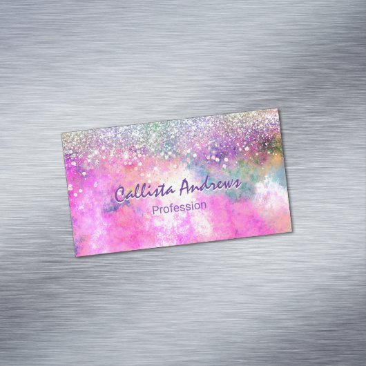 Leuke iridescen zilveren faux glitter magnetisch visitekaartje (Voorbeeld)