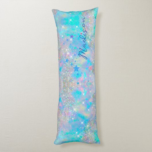 Leuke iriserende blauwe sterren glitter monogram lichaamskussen (Achterkant (Verticaal))