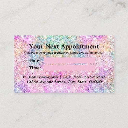 Leuke iriserende eenhoorn roze glitter afsprakenkaartje (Achterkant)