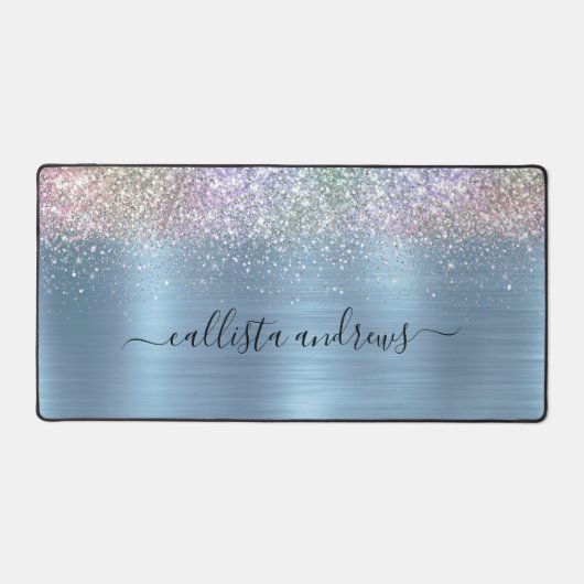 Leuke iriserende ijsblauwe faux glitter bureaumat (Voorkant)
