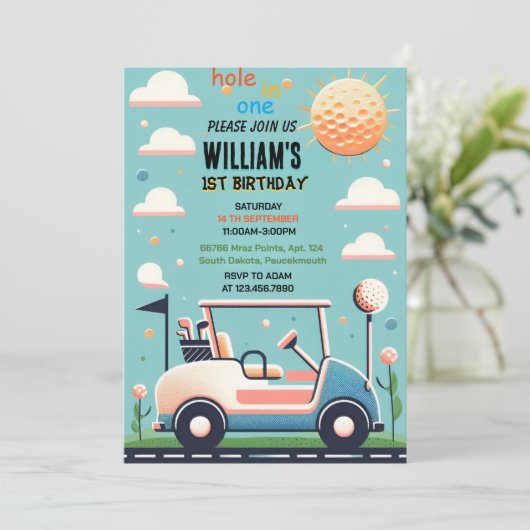 Leuke jongen schattig golfgat in een eerste 1e ver kaart (Staand voorkant)