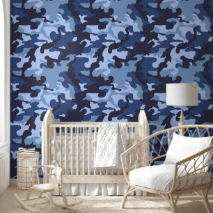Leuke jongens betegeld camo blauwe kwekerij behang