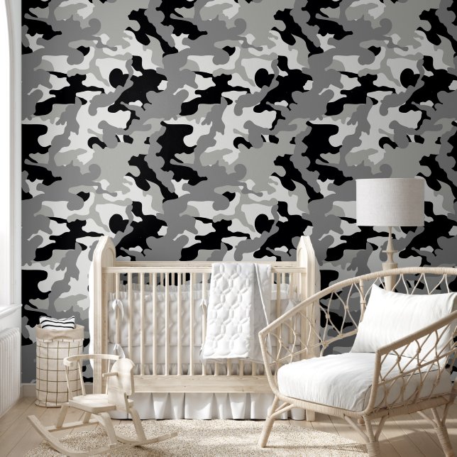 Leuke jongens betegeld camo zwart kinderkamer behang (Kinderen)