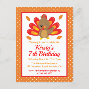 Leuke kalkoen Thanksgiving verjaardagsuitnodiging Briefkaart