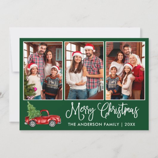 Leuke kalligrafie 3 foto groene Kerstmis rode vrac Feestdagenkaart (Voorkant)