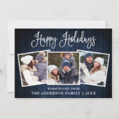 Leuke kalligrafie blauw hout 3 foto feestdagenkaart (Voorkant)