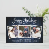 Leuke kalligrafie blauw hout 3 foto feestdagenkaart (Staand voorkant)