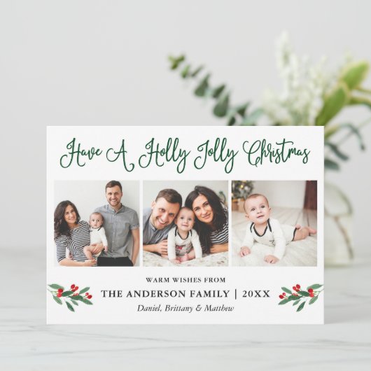 Leuke kalligrafie Holly Jolly Christmas Berries Feestdagenkaart (Staand voorkant)