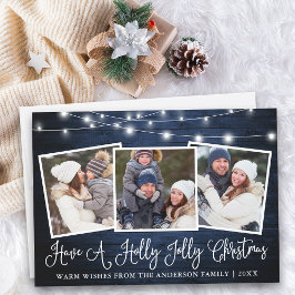 Leuke kalligrafie Holly Jolly Christmas Blue Wood Feestdagenkaart