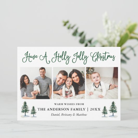 Leuke kalligrafie Holly Jolly Christmas Green Pine Feestdagenkaart (Staand voorkant)