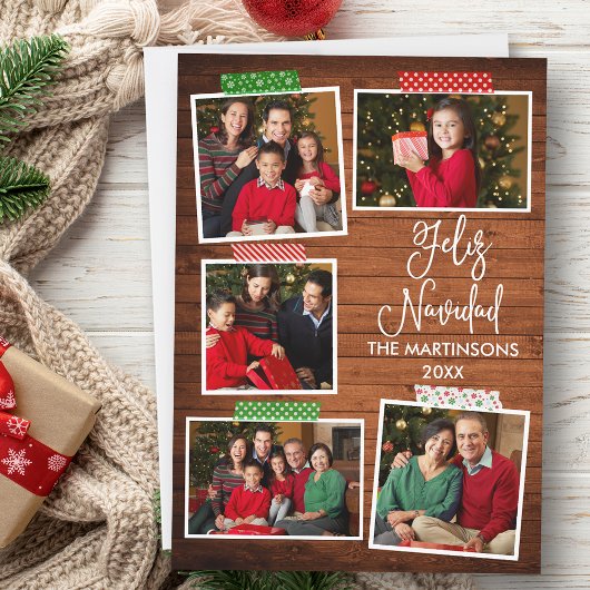 Leuke kalligrafie hout Feliz Navidad Craft Tape Feestdagenkaart