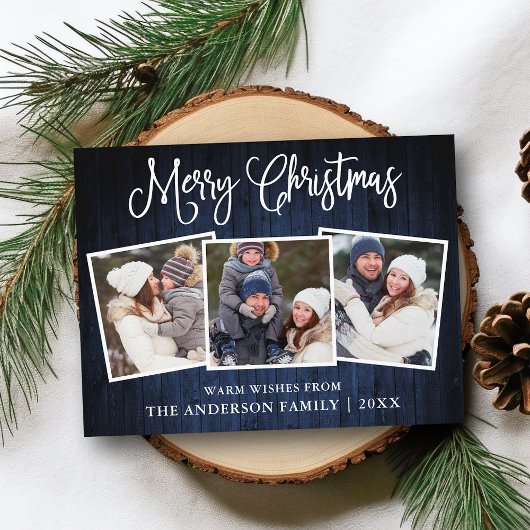 Leuke kalligrafie Kerst Blauw Hout 3 foto's Post Briefkaart